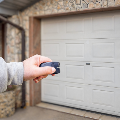 Albany security key fob pointing to a garage door